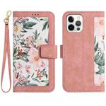 For iPhone 12 Pro Max Floral Pattern Leather Phone Case with Lanyard(Pink)