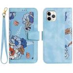 For iPhone 11 Pro Max Floral Pattern Leather Phone Case with Lanyard(Light Blue)