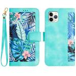 For iPhone 11 Pro Max Floral Pattern Leather Phone Case with Lanyard(Green)