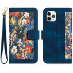 For iPhone 11 Pro Max Floral Pattern Leather Phone Case with Lanyard(Dark Blue)