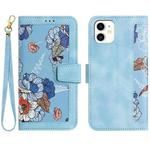 For iPhone 11 Floral Pattern Leather Phone Case with Lanyard(Light Blue)