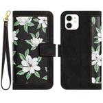 For iPhone 11 Floral Pattern Leather Phone Case with Lanyard(Black)