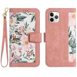 For iPhone 11 Pro Floral Pattern Leather Phone Case with Lanyard(Pink)