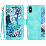 For iPhone XS / X Floral Pattern Leather Phone Case with Lanyard(Green)