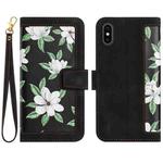 For iPhone XS / X Floral Pattern Leather Phone Case with Lanyard(Black)