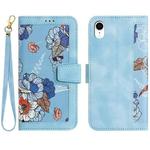 For iPhone XR Floral Pattern Leather Phone Case with Lanyard(Light Blue)