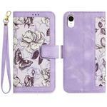 For iPhone XR Floral Pattern Leather Phone Case with Lanyard(Light Purple)