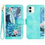 For iPhone 12 mini Floral Pattern Leather Phone Case with Lanyard(Green)