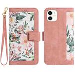 For iPhone 12 mini Floral Pattern Leather Phone Case with Lanyard(Pink)