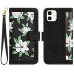 For iPhone 12 mini Floral Pattern Leather Phone Case with Lanyard(Black)