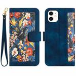 For iPhone 12 mini Floral Pattern Leather Phone Case with Lanyard(Dark Blue)