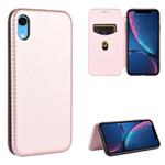 For iPhone XR Carbon Fiber Texture Horizontal Flip TPU + PC + PU Leather Case with Card Slot(Pink)