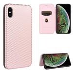 For iPhone X / XS Carbon Fiber Texture Horizontal Flip TPU + PC + PU Leather Case with Card Slot(Pink)