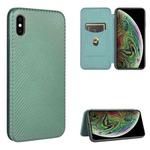 For iPhone X / XS Carbon Fiber Texture Horizontal Flip TPU + PC + PU Leather Case with Card Slot(Green)