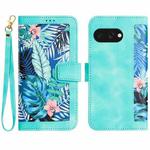 For Google Pixel 9a Floral Pattern Leather Phone Case with Lanyard(Green)