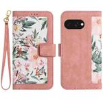 For Google Pixel 9a Floral Pattern Leather Phone Case with Lanyard(Pink)