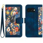 For Google Pixel 9a Floral Pattern Leather Phone Case with Lanyard(Dark Blue)