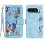 For Google Pixel 9 Pro XL Floral Pattern Leather Phone Case with Lanyard(Light Blue)