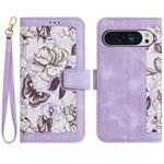 For Google Pixel 9 Pro XL Floral Pattern Leather Phone Case with Lanyard(Light Purple)