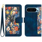 For Google Pixel 9 / 9 Pro Floral Pattern Leather Phone Case with Lanyard(Dark Blue)