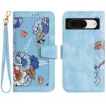 For Google Pixel 8a Floral Pattern Leather Phone Case with Lanyard(Light Blue)