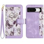 For Google Pixel 8a Floral Pattern Leather Phone Case with Lanyard(Light Purple)