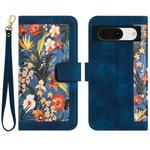 For Google Pixel 8a Floral Pattern Leather Phone Case with Lanyard(Dark Blue)