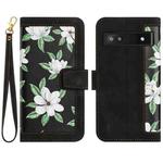 For Google Pixel 7a Floral Pattern Leather Phone Case with Lanyard(Black)