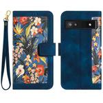 For Google Pixel 7a Floral Pattern Leather Phone Case with Lanyard(Dark Blue)