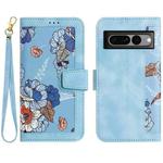 For Google Pixel 7 Pro Floral Pattern Leather Phone Case with Lanyard(Light Blue)