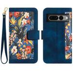 For Google Pixel 7 Pro Floral Pattern Leather Phone Case with Lanyard(Dark Blue)