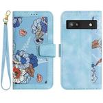 For Google Pixel 6a Floral Pattern Leather Phone Case with Lanyard(Light Blue)