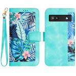 For Google Pixel 6a Floral Pattern Leather Phone Case with Lanyard(Green)