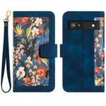 For Google Pixel 6a Floral Pattern Leather Phone Case with Lanyard(Dark Blue)