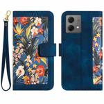 For Motorola Moto G84 Floral Pattern Leather Phone Case with Lanyard(Dark Blue)