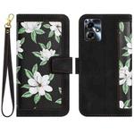 For Motorola Moto G54 Floral Pattern Leather Phone Case with Lanyard(Black)