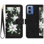 For Motorola Moto G34 Floral Pattern Leather Phone Case with Lanyard(Black)