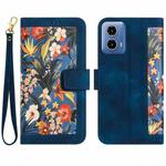 For Motorola Moto G34 Floral Pattern Leather Phone Case with Lanyard(Dark Blue)