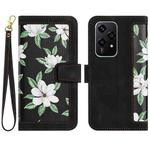 For Honor 200 Lite Global Floral Pattern Leather Phone Case with Lanyard(Black)