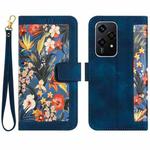 For Honor 200 Lite Global Floral Pattern Leather Phone Case with Lanyard(Dark Blue)