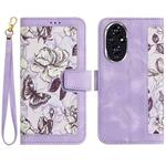 For Honor 200 Pro Floral Pattern Leather Phone Case with Lanyard(Light Purple)