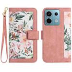 For Redmi Note 13 5G Floral Pattern Leather Phone Case with Lanyard(Pink)