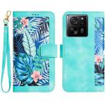 For Xiaomi 13T Floral Pattern Leather Phone Case with Lanyard(Green)