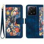 For Xiaomi 13T Floral Pattern Leather Phone Case with Lanyard(Dark Blue)