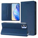 For Samsung Galaxy A04e 4G / F04 RC01 Dual-Folded Magnetic Suction RFID Leather Phone Case(Dark Blue)