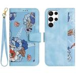 For Samsung Galaxy S25 Ultra 5G Floral Pattern Leather Phone Case with Lanyard(Light Blue)