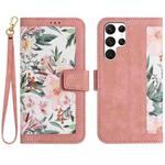 For Samsung Galaxy S25 Ultra 5G Floral Pattern Leather Phone Case with Lanyard(Pink)