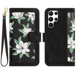 For Samsung Galaxy S25 Ultra 5G Floral Pattern Leather Phone Case with Lanyard(Black)