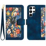 For Samsung Galaxy S24 Ultra 5G Floral Pattern Leather Phone Case with Lanyard(Dark Blue)