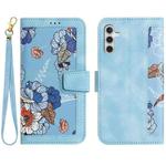 For Samsung Galaxy S24 FE 5G Floral Pattern Leather Phone Case with Lanyard(Light Blue)